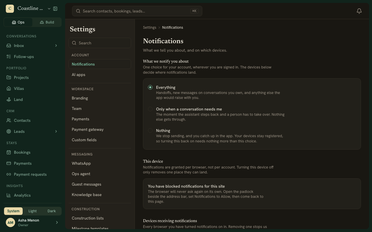 The Notifications settings, with the three choices and this device