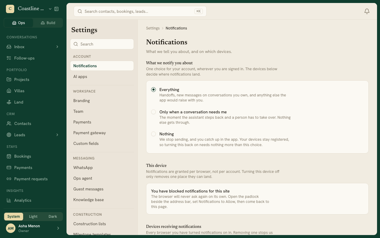 The Notifications settings, with the three choices and this device