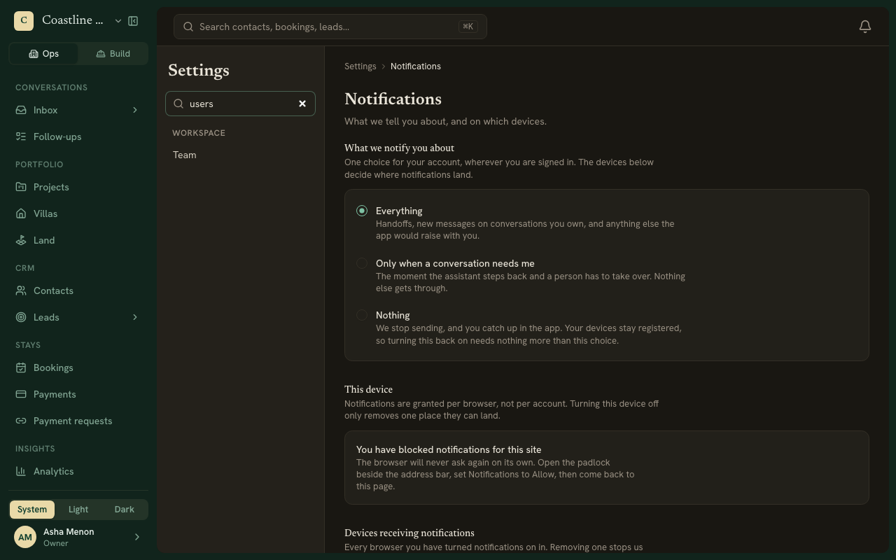 Searching for users finds Team, in Settings and in the phone menu