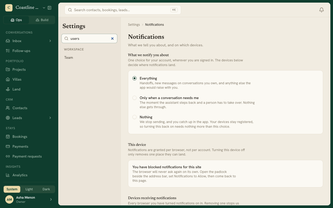 Searching for users finds Team, in Settings and in the phone menu